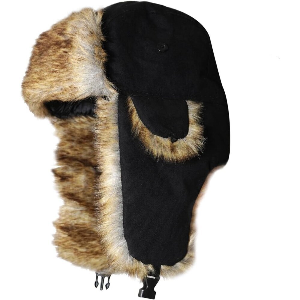 Men Dark Black ONWAY Faux Fur Trapper Hat Cozy Winter Ear Flaps Hat